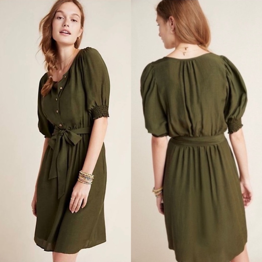 Anthropologie Nicole Olive Green Midi Dress with Tie Waist